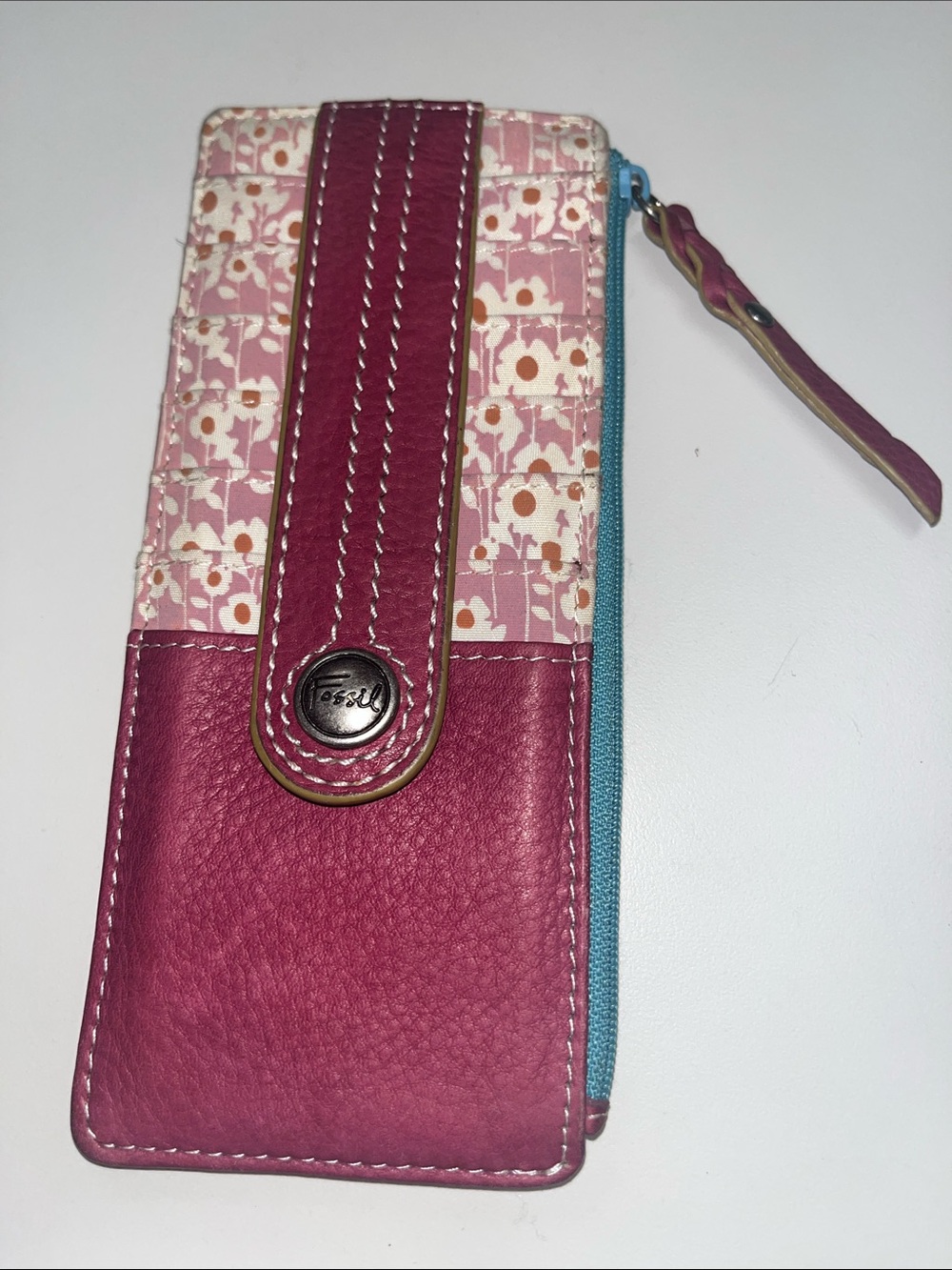Fossil Pink Floral Leather Card Holder / Wallet with Teal Zipper